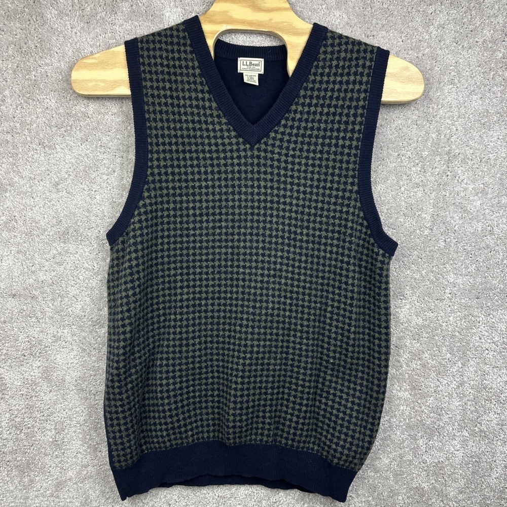 LL Bean Mens Navy Blue Houndstooth Lambs‎ Wool Large Tall V Neck Sweater Vest